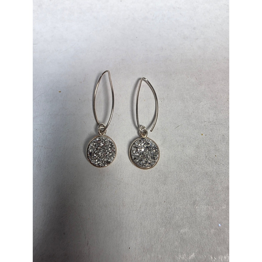 Round Silver Tone Faux Druzy Quartz Dangle Drop Earrings Marquise Wire Shimmer